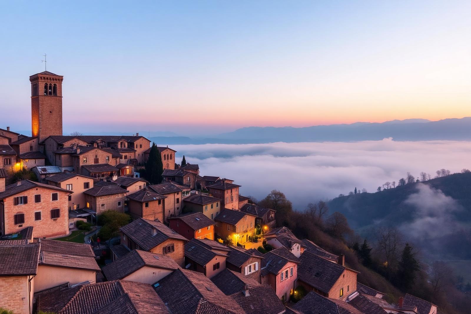 Un borgo medievale in collina nelle Le Marche al crepuscolo