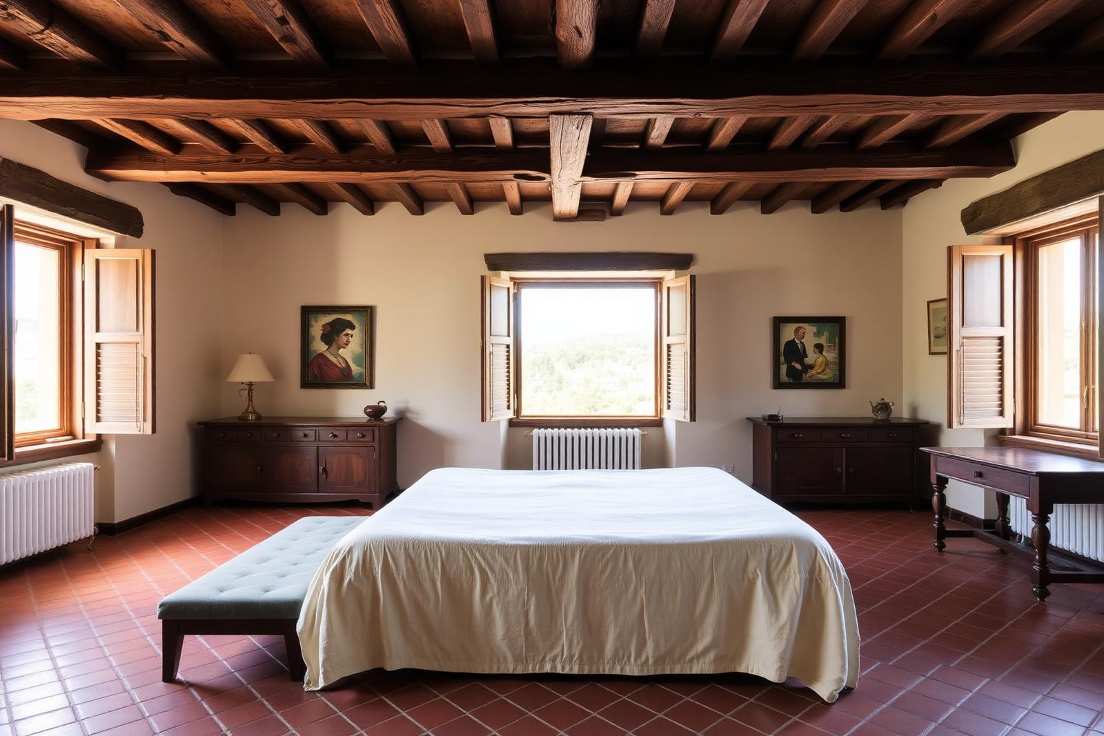Camera da letto restaurata con soffitto a travi e pavimento in cotto
